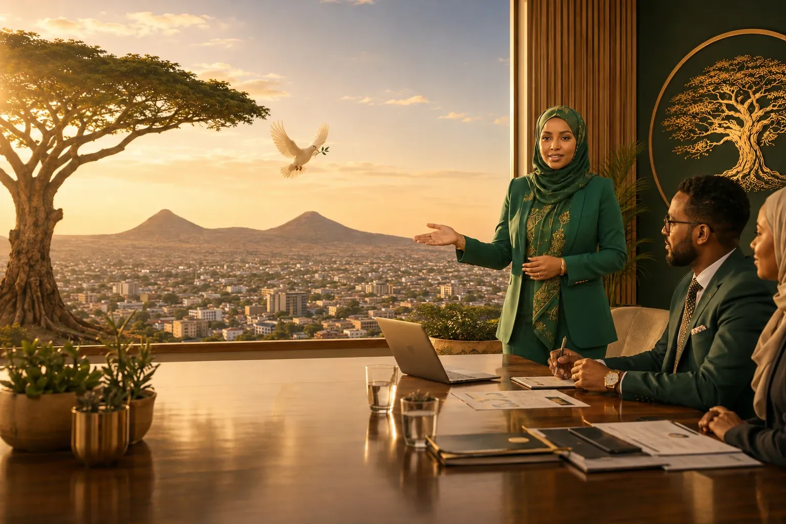 Gobanimo team members meeting together in a boardroom overlooking the city