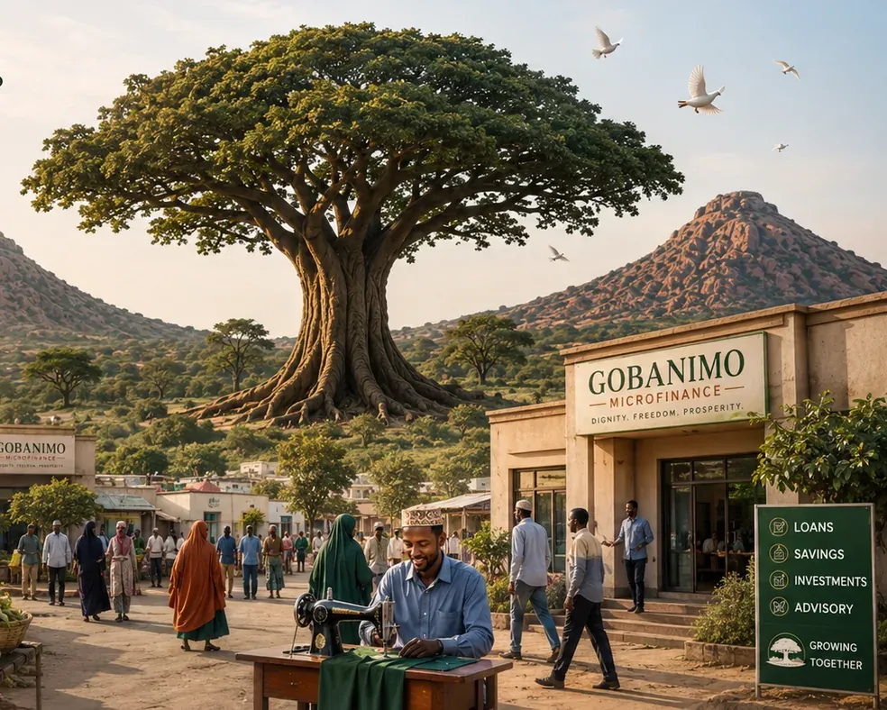 Somali market square at golden hour beneath a great acacia tree, with the Gobanimo Microfinance storefront